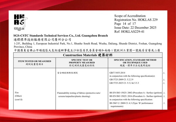 SGS坠落防护安全网阻燃测试能力获香港HOKLAS认可