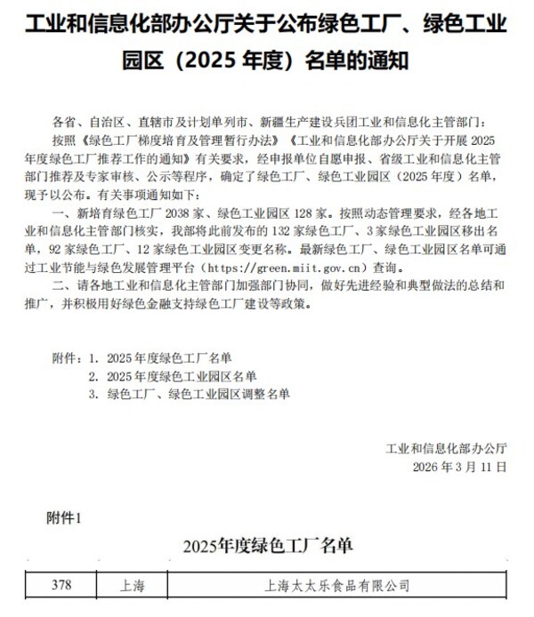 太太乐入选国家工信部绿色工厂名单，树立行业“绿色制造”典范